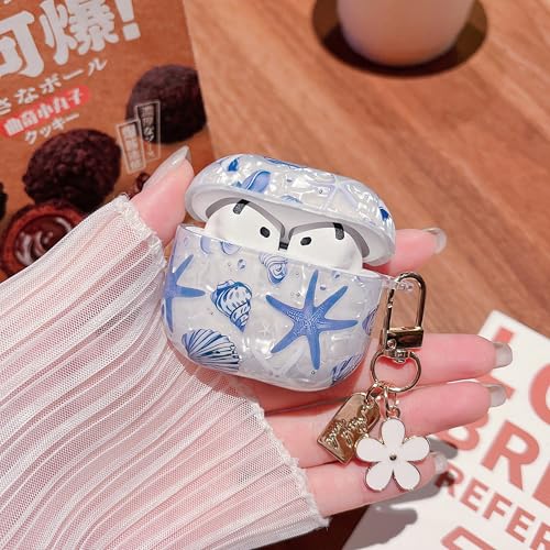 Image of MINSCOSE for AirPods 4 Clear Case,Cute Glitter Seashell and Starfish Pattern Design with Folral Keychain,Soft TPU Protective Cover for Girls Women for AirPods 4-Blue