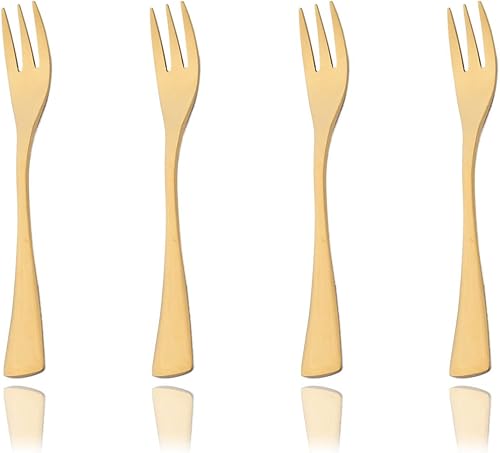 JASHII Tenedores dorados de postre de 4 piezas, juego de tenedores de té de acero inoxidable 304 de diseño retro de 5.9 pulgadas, tenedores pequeños