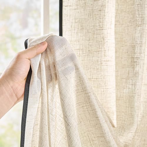 Image of jinchan Beige Linen Curtains with Black Trim Back Tab 50 x 96 Inch 2 Panels