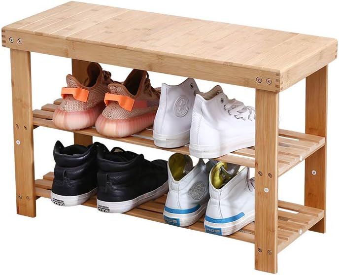 KKTONER Bamboo Shoe Rack Bench 3 Tier Entryway Seat Shoe Organizer Storage Shelf Natural Color