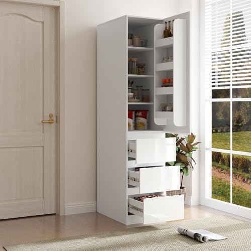 JOYSOURCE Narrow 24 Deep Kitchen Pantry Storage Cabinet with Doors, Shelves, Drawers Tall Cupboard for Food Glossy White (Right-Hinged)