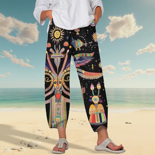 Image of DMOYALA Linen Pants for Women Summer Casual Wide Leg Capri Pants Loose Fit Palazzo Pants Cropped Beach Pants with Pockets