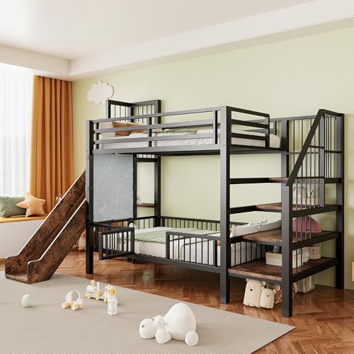 Cama alta de metal para niños con tobogán y escaleras de almacenamiento, 90 x 200 cm, marco de litera con puerta de rejilla protectora, estantes integrados, cuna que ahorra espacio para habitaciones