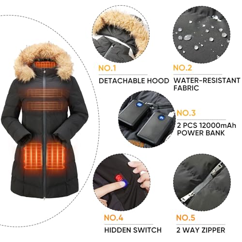 Heated Long Jackets for Women，2 PACK 12000mAh Power Bank With 5 Heating Zones，Winter Warm Heated Coat Outdoor3
