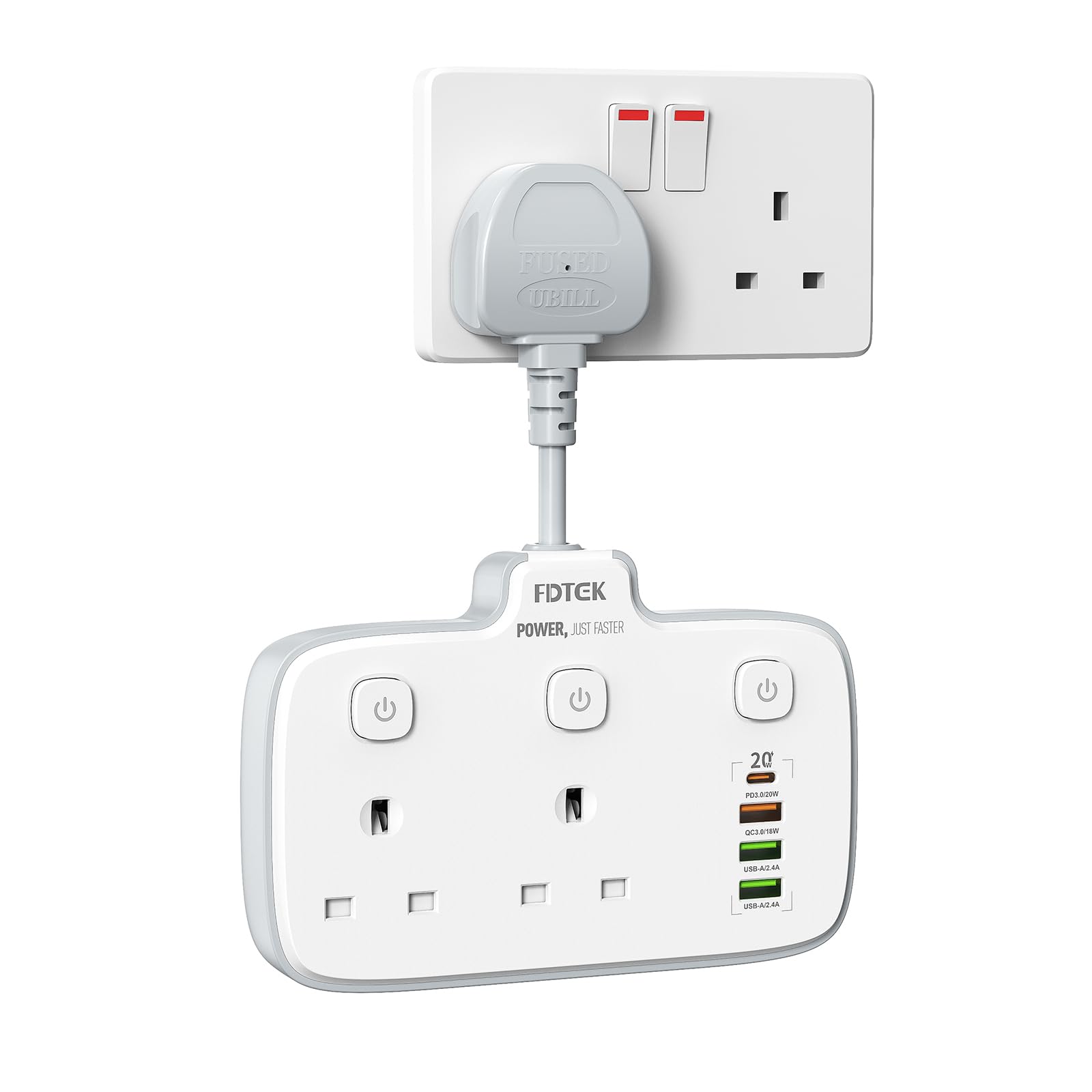 FDTEK Double Plug Adapter UK, Socket Extender with 4 USB Slots (3 USBA+1 USB C PD20W), 3250W Double Plug Socket Extension for Bedroom, Office, Kitchen