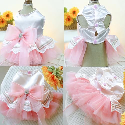 Image of HDKUW Small Dog Dress, Girl Puppy Lace Princess Skirt Tutu Dress with Bowknot,Chihuahua Yorkie Clothes Outfit for Birthday Wedding Party Pink M