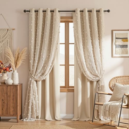 Image of MYSKY HOME Beige Curtains for Bedroom 72 Inches Long Nursery Curtains Pom Pom Beige Sheer Curtains for Girls Room Double Layer for Toddler Bedroom Grommet Room Darkening Window Panels 52 x 72 Inch