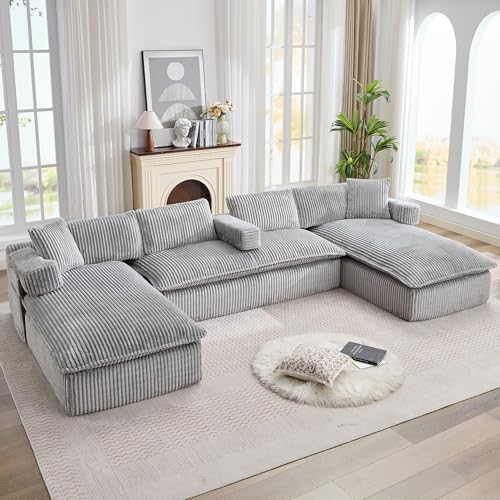 Image of Oversized Cloud Boneless Couch with Chaise, 149 inch Modern U Shape Modular Deep Seat Sectional Sofa, Comfy Corduroy Upholstered Couches for Living Room, No Assembly Required, Light Grey