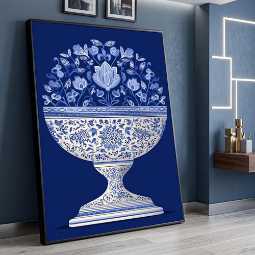 Toile imprimée motif floral bleu style céramique 50x70 cm pour décoration de salon