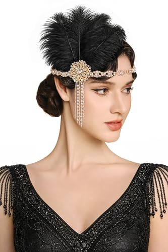 BABEYOND Nakrycie głowy w stylu lat 20. XX wieku, pióra, opaska na czoło z frędzlami, ryczące lata 20. Gatsby, akcesoria do kostiumu