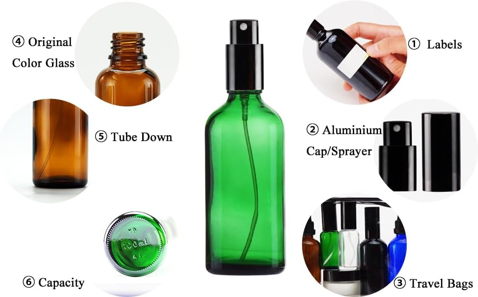 Miniatura 7 de YIZHAO Botellas de vidrio verde de 4 onzas, con pequeño aerosol de niebla fina, tapa de metal, recargable para aceite esencial, viajes, limpieza,