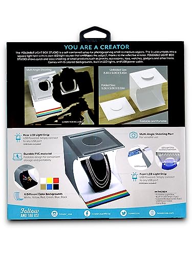 Bower Mini Photo Studio Light Box - 9\" Portable Folding Product Photography Shooting Tent Kit with 2 Bright LED Strips, 6 Double Sided Color Backgrounds