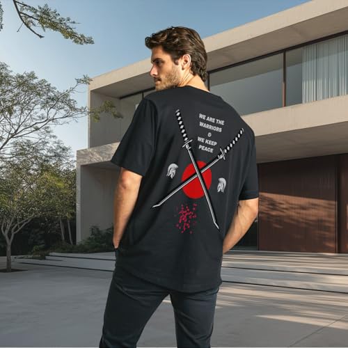 Image of Hang-in-There Men Oversized Fit Back Printed Half Sleeve Cotton T-Shirt Black M