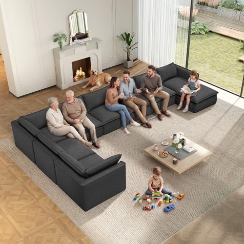 Image of Vesgantti 141.7 inch Oversized Boneless Sectional Couch, Modern 7 Seater Modular Sofa with Chaise & Ottoman, Deep Seat Convertible Corduroy Cloud Couches for Living Room, No Assembly Required, Black