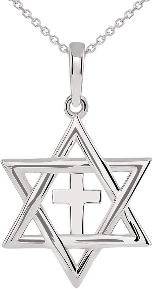 Jewelry America 14k White Gold Jewish Star of David with Religious Cross Judeo Christian Pendant Necklace