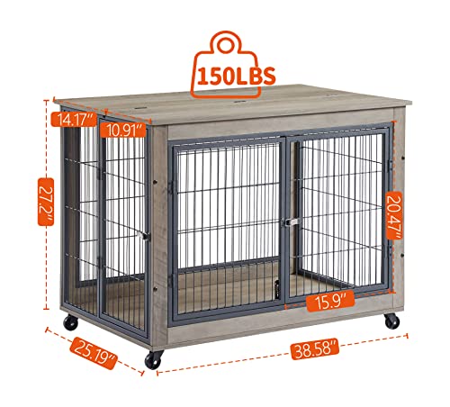Dog-Crate-Furniture-Dog-Kennel-Side-Table-with-Double-Doors-Wooden-Dog-Kennel-Indoor-with-Wheels-and-Lift-Top-Grey-3858-W-x-252-D-x-2717-H Dog Crate Furniture Dog Kennel Side Table with Double Doors Wooden Dog Kennel Indoor with Wheels and Lift Top Grey 3858 W x 252 D x 2717 H