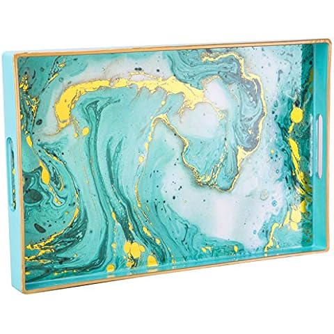 Zosenley Decorative Tray, Marbling Plastic Tray with Handles, Rectangular Vanity Tray and Serving Tray for Bathroom, Kitchen, Ottoman and Coffee Table, Golden Blue Cover