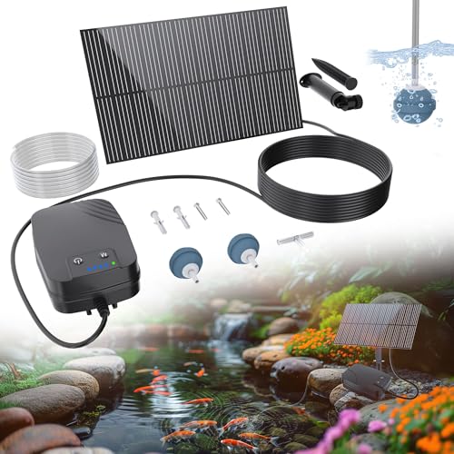 Biling Solar Teichbelüfter Sauerstoffpumpe mit 1500mAh Akku 2W Glas Panel 3m Schlauch IPX5 Leise Solar Luftpumpe für Gartenteich Regenwassertonne Hydroponik Aquarium Fischteich bis 600L