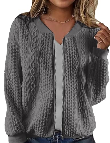 Image of WROLEM Women's Zip Up Cardigan Sweater Cable Hoodies Long Sleeve Jacket Outfits Crewneck Casual Coat