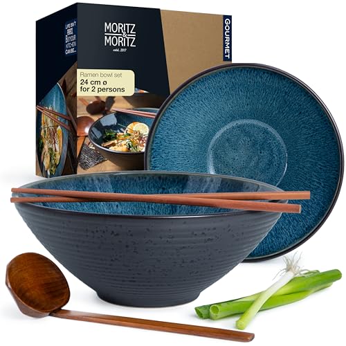 Moritz & Moritz Large Ramen Bowl Set of 2 - Ceramic Japanese Noodle Bowls 1300ml / 44 Oz - Ø 24cm - Deep Blue Reactive Glaze - with Wooden Chopsticks & Spoons - Asian Soup Bowls for Ramen Pho Udon