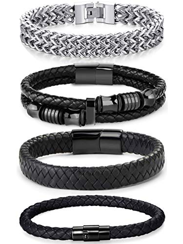FIBO STEEL 4 PCS Stainless Steel Magnetic-Clasp Leather Bracelets for Men Wrap Braided Leather Two-Strand Wheat Chain Bracelets 8.5 Inch