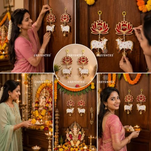 Image of Handmade Red Shubh Labh Lotus Wall Hanging with Pichwai Cow, MDF, Diwali Ganesh Chaturthi Door Decoration