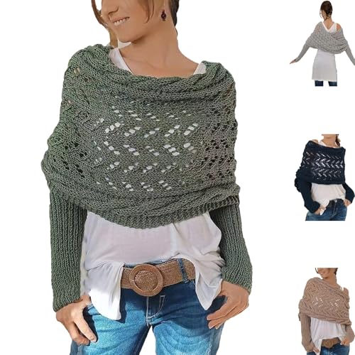 Knitted Cable Wrap Sweater Scarf with Sleeves for...