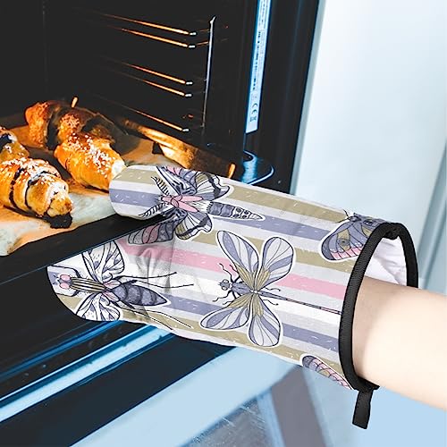 Dragonflies Butterflies Stripe Oven Mitts And Pot Holders Sets Retro Oven Mits Mittens Heat Resistant Potholders Oven Gloves Hot Pad For Baking Cooking Kitchen Grilling Bbq Gifts 2 Piece Set #TOP4