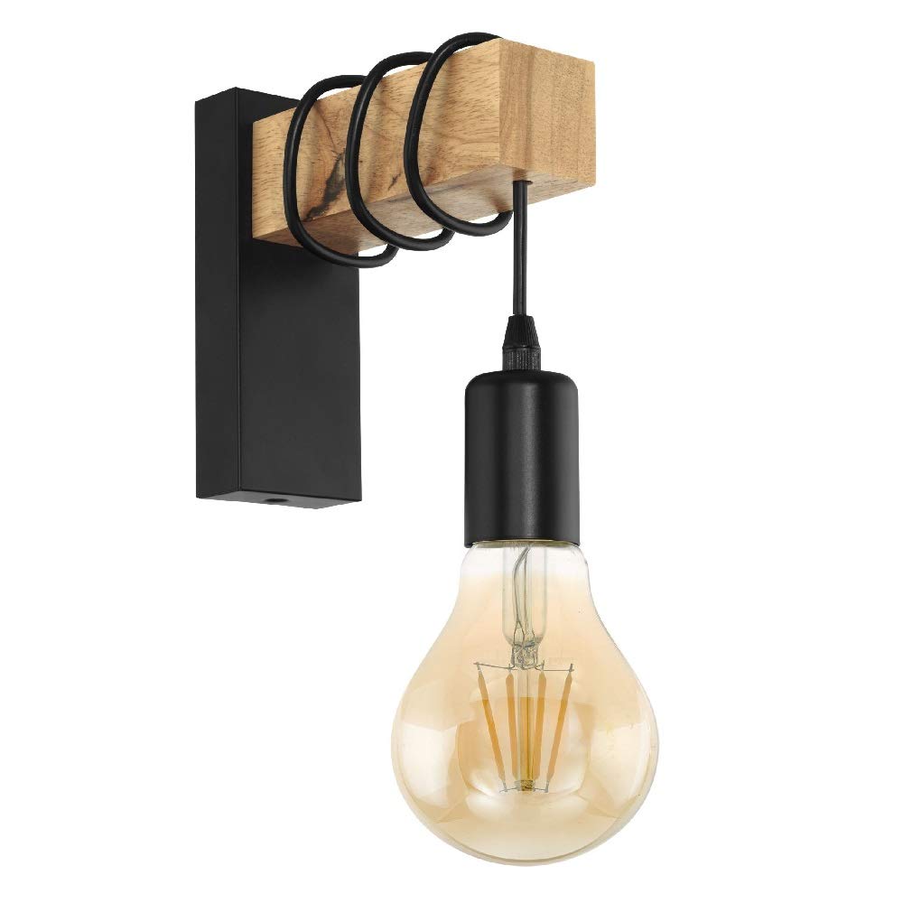Britalia Black & Natural Wood Flush Vintage Retro Wall Light Bracket | 215Mm Height | 1 X Es E27 Lamp Bulb Required (Not Included) | 240 Volts