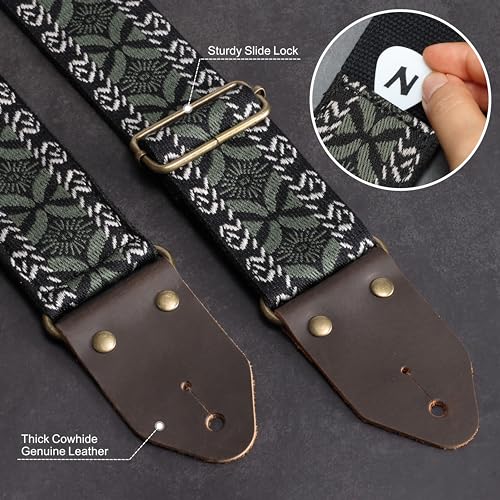 Image of Nefelibata Guitar Strap,Jacquard Embroidery Cotton Guitar Straps with Crazy Horse Leather Ends for Bass, Electric & Acoustic, Best Gifts for Guitarists(Army Green Floral Embroidery)