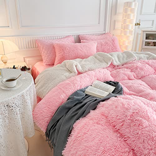 Uozzi Bedding Pink Faux Fur Comforter Set Queen 3 Pieces - 1 Shaggy Comforter Set 90X90 And 2 Pillowcases, Ultra Soft And Easy Care Luxury Plush Shaggy Duvet Set For Girls Women Princess Style #TOP3