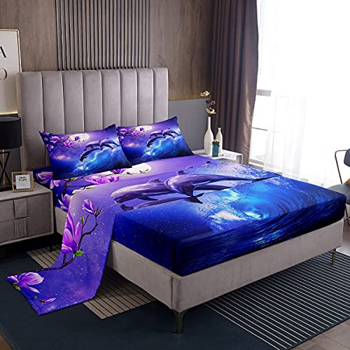Galaxy Dolphin Sheet Set Full Size Coastal Ocean Waves Bedding Purple Cherry Blossoms Sea Animal Bed Sheets For Kids Boys Girls Teens Moon Sky Starry Fitted Sheet + Flat Sheet + 2 Pillow Cases Blue