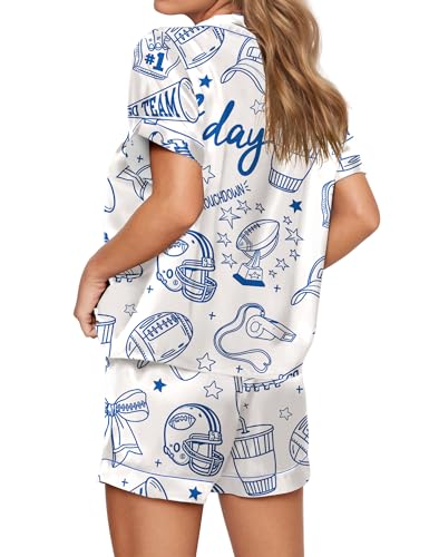 Image of SHESHOW Pajamas for Women Set Satin Button Down Short Sleeve Top and Shorts Pjs Sets Sport Ball Print Sleepwear XS-XXL