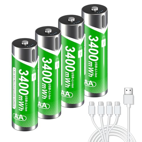 Palogreen 4 pilas USB recargables AA de 3400 mWh/litio, batería AA de iones de litio de 1,5 V, de alta capacidad, carga rápida, cable de carga tipo C 4 en 1