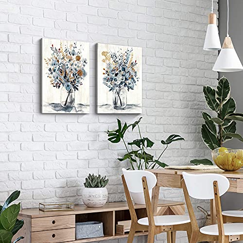 Floral Painting Canvas Wall Art: Abstract Flower Bouquet In Glass Bottle Picture Print For Dining Room (18'' X 24'' X 2 Panels) #TOP2