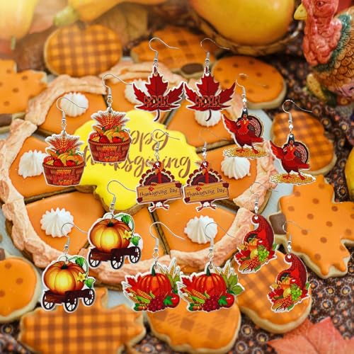 4-7Pairs Thanksgiving Fall Earrings for Women Leopard pumpkin Maple Leaf Turkey Sunflower Pine Cone Drop Dangle Earrings Set Autumn Thanksgiving Jewelry4