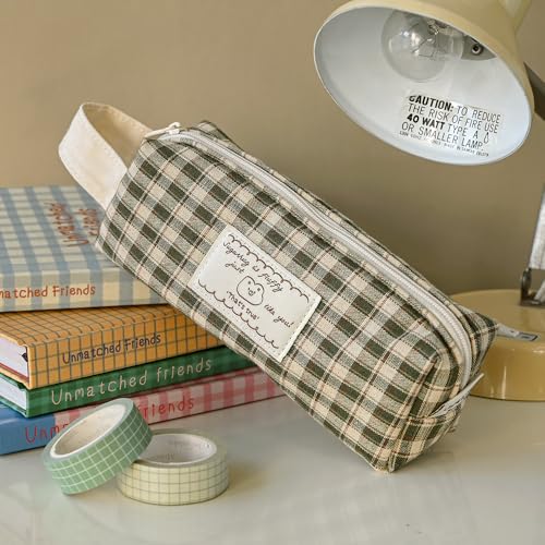 Image of Monolike Unmatched Friends Fabric Check Block Pencil Case, Vintage green - Aesthetic Gingham Pastel Desk Organizer, Soft Padded Makeup Brush Case, Trendy Minimalist Stationery Pouch