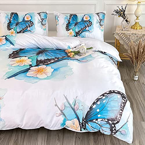 Cvhouse Butterfly Duvet Cover Twin Size,Blue Watercolor Butterfly Bedding Set,Butterfly Comforter Cover For Girls Kids Teens,1 Duvet Cover 2 Pillowcases 3 Piece #TOP2