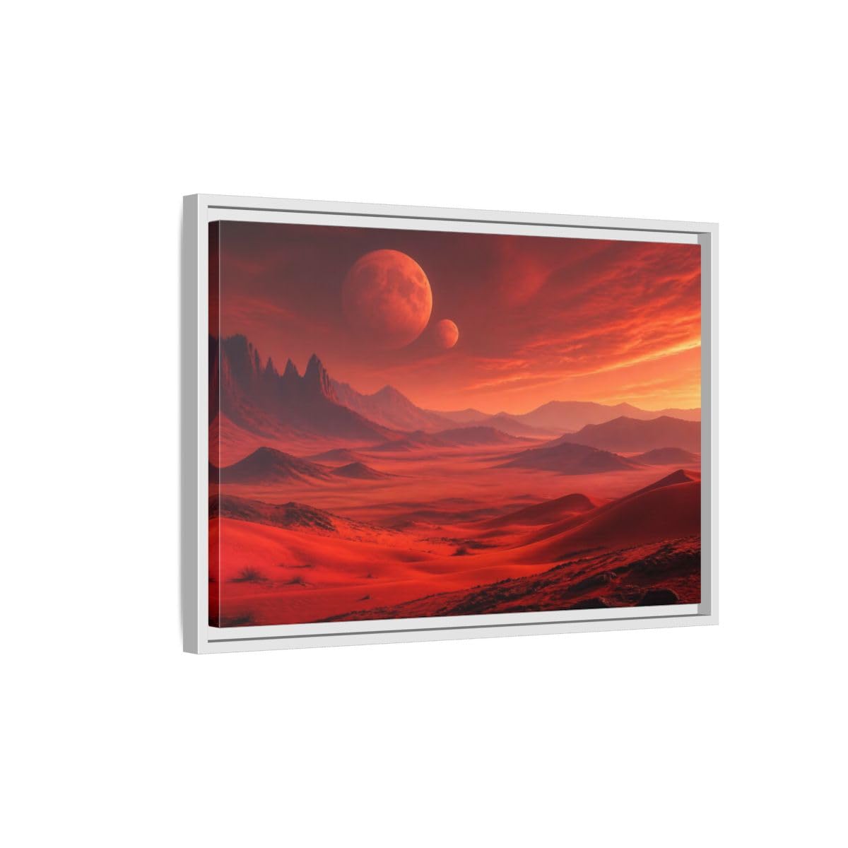 Science Fiction Red Planet Landscape Framed Canvas Wall Art Print – Realistic Living Room, Above Console Table 36×24 inch (90×60 cm) - Horizontal/White / 1.25 inch (3 cm)