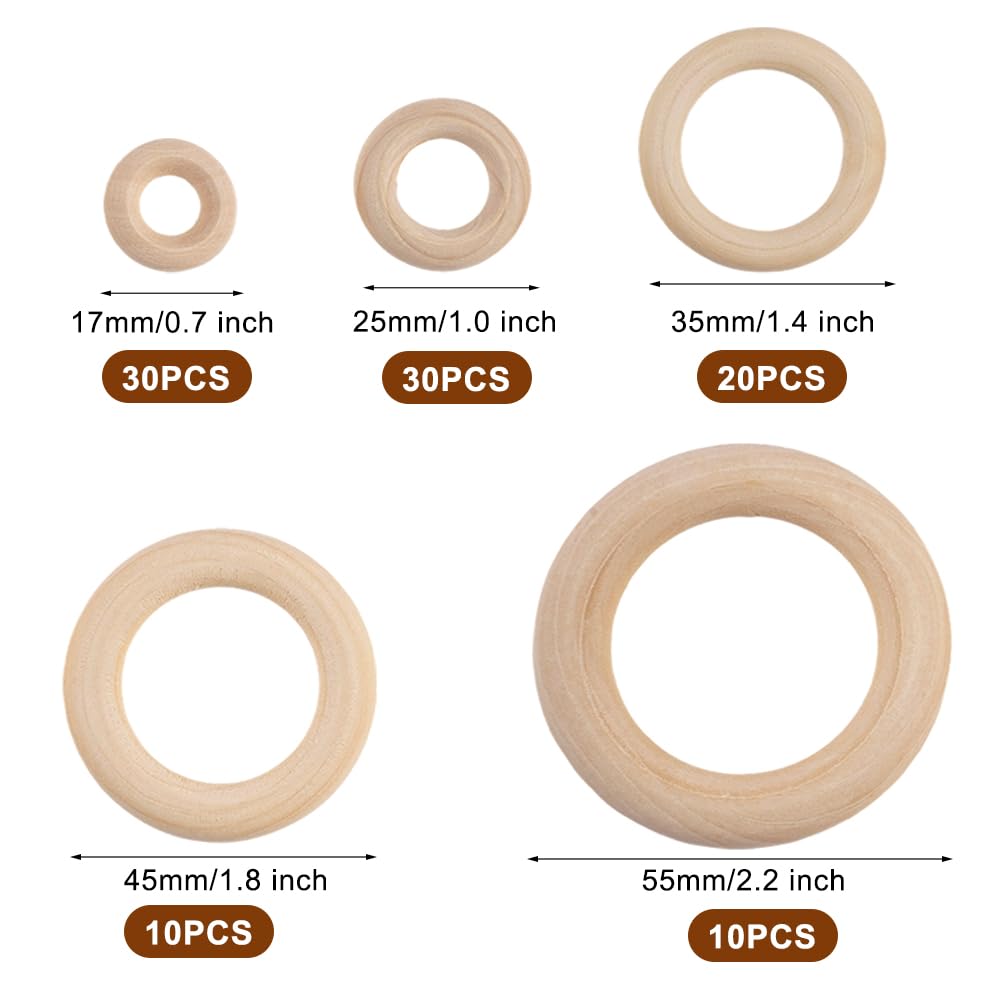 Hagao 200 Anelli In Legno Naturale Per Craft Fai Da Te - 25mm Esterni, 13mm Interni, Spessore 6mm - Con Corda Di Canapa