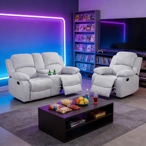 Bicerkib Fabric Recliner Sofa Set for Living Room Furniture Sets, Light Grey Linen Manual Reclining Loveseat and Chair Set 2 Pieces for Home Furniture/Theater Seating/Rv Car/Curbside Only(2+1)
