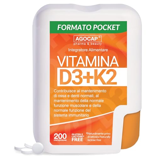 Vitamina D3 K2, 200 Microcompresse in Confezione Tascabile. Vitamina D3 2000 ui e Vitamina K2 (MK7), per Ossa, Denti, Articolazioni e Sistema Immunitario. Qualità ITALIANA. K2 Vitamina. D3 K2, Agocap