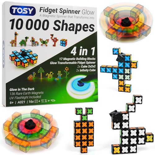 TOSY Magnet Fidget Spinner Glow - 16 Blocs, Jouet 3 en 1: Fidget Spinner Transformable, Infinity Cube, Puzzle Cube 2x2, Glow, STEM Magnet Tiles Cadeau...