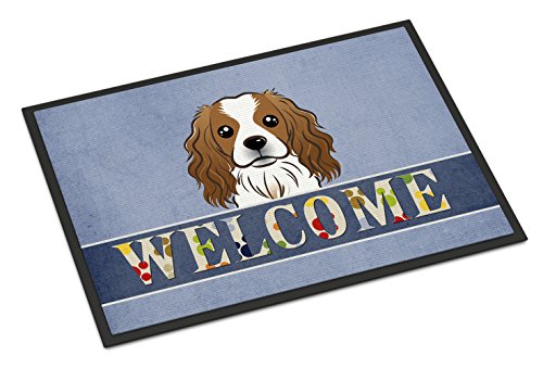 Caroline's Treasures BB1410MAT Cavalier Spaniel Welcome Doormat 18x27, Blue Front Door Mat Indoor Outdoor Rugs for Entryway, Non Slip Washable Low Pile, 18H X 27W