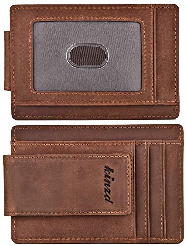 Money Clip, Front Pocket Wallet, Leather RFID Blocking Strong Magnet thin Wallet (One Size, Khaki (Updated ID Window Crazy Horse Leather))