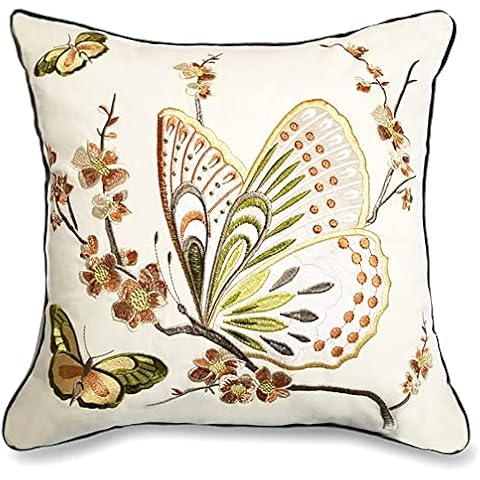 UnionKK 1 PCS Embroidery Pillowcase Tree Branch Leaf Cotton Throw Pillow Cover Car Home Decoration Cushion Cover 18x18 Inch (Butterfly) Cover