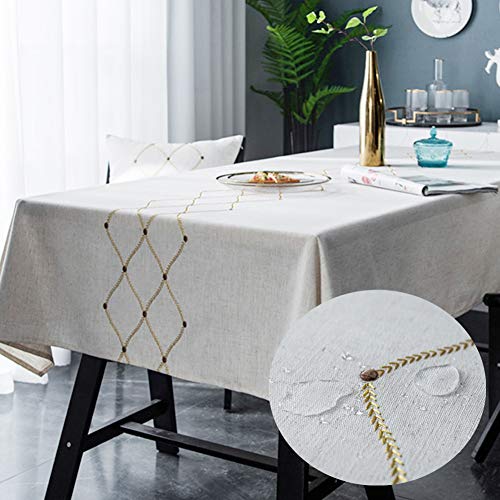 Bringsine Embroidery Geometric Diamond Tablecloth Heavy Weight Cotton Linen Fabric Dust-Proof Water-Proof Table Cloth Cover for Kitchen Dinning Tabletop Decoration (Square, 53 x 53 Inch, Linen)