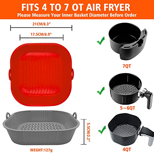 2Pcs Air Fryer Silicone Liners, 8Inch Reusable Food Grade Silicone Air Fryer Baking Tray Basket Accessories Replacement Of Flammable Disposable Parchment Paper Fit 4-7Qt Airfryer（Red +Grey） #TOP1