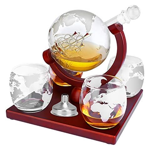 TeqHome Whiskey Decanter Set with Globe Design and 4 Glasses Cover