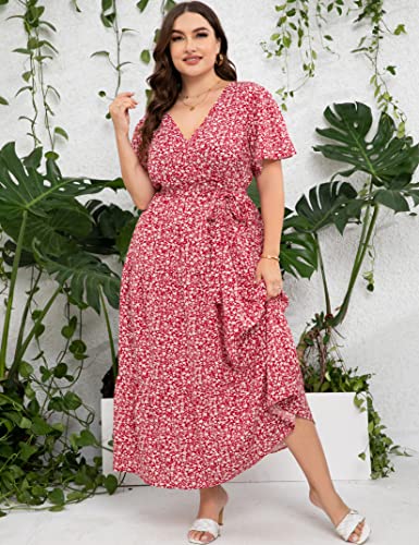 Image of ShopWonder Womens Plus Size V Neck Wrap Maxi Dress High Waist Ruffle Summer Casual Dress with Belt